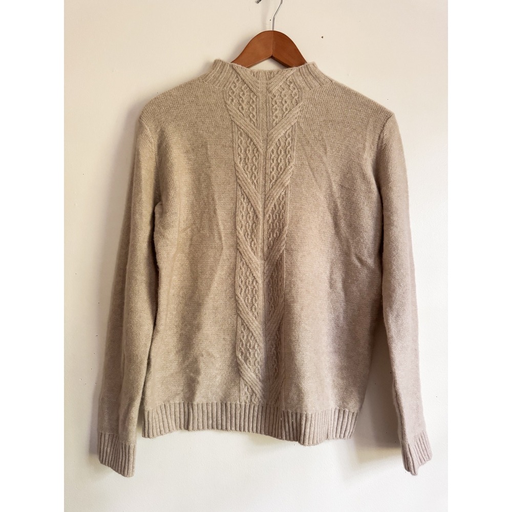100% Cashmere Mock Neck Sweater Beige Cable Knit Back Small Daisy Silk